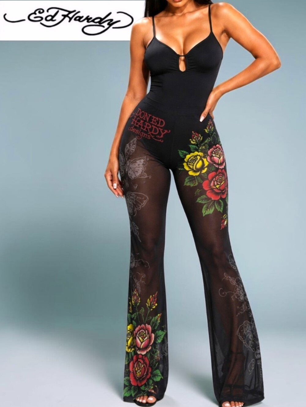 ED HARDY ROSE MESH SWIM COVER-UP FLARE PANTS NWT Women's XL
